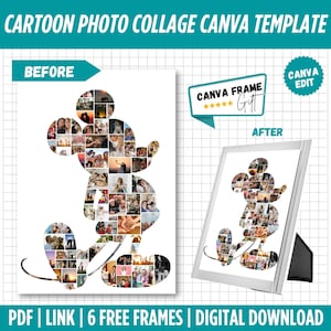 Puede incluir: Una plantilla de collage de fotos digital con forma de personaje de dibujos animados. La plantilla incluye el texto "ANTES" y "DESPUÉS" para mostrar el proceso de edición. También se incluye el texto "CANVA FRAME GIFT".