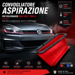 Può includere: Un convogliatore di aspirazione in plastica ABS rossa e nera per Volkswagen Golf MK7 o MK7.5. Il componente presenta una cornice rettangolare con un'ampia apertura, progettata per ottimizzare il flusso d'aria. Testo presente: CONVOGLIATORE ASPIRAZIONE.