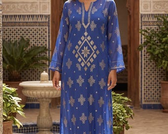 Abito abaya caftano egiziano in metallo color argento / tessuto tulle a rete
