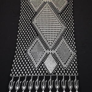 Puede incluir: Textil negro con intrincados patrones geométricos plateados. El diseño presenta formas de diamante y motivos lineales, creando una composición simétrica y detallada. La tela parece ser un material tejido, adecuado para ropa o uso decorativo.