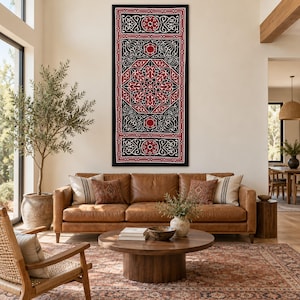Tapiz de pared de fabricante de tiendas egipcias, panel vertical de estrellas negras y burdeos con medallones hexagonales, aplique Khayamiya cosido a mano.