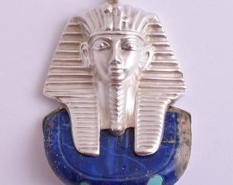 Vintage Egyptian Pharaoh Tutankhamun Lapis Lazuli Silver Pendant - Large King Tut Necklace Jewelry