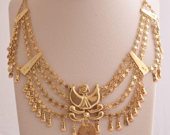 Rare Vintage Egyptian Gold-Plated Kirdan Bib Choker Necklace: Traditional Statement Jewelry