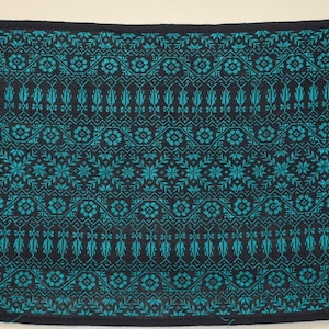 May include: A rectangular, patterned textile in teal and black. The design features repeating floral and geometric motifs, with a dark border. The overall aesthetic is reminiscent of traditional knitwear or embroidery.