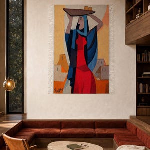 Woven Wall Art, Woman Carrying Bread, Handwoven Egyptian Wool Tapestry in Flame Red and Indigo, 47x32", Signed Original Folk Art
