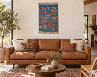 Handgeweven Egyptisch volkskunsttapijt, oranje eenden op blauw water, wanddecoratie, wollen woondecoratie, 76 cm, textielkunsttapijt