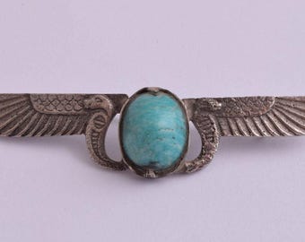 Egyptian Revival Enamel Brooch with Horus Wings - Vintage Pharaoh Jewelry Art Deco Pin