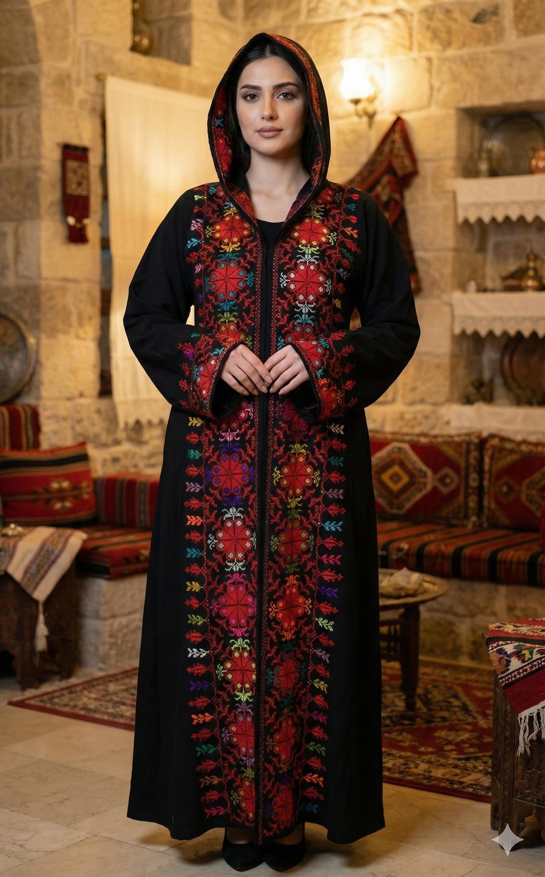 Palestinian Robe Handstitched Palestinian Style Hooded Abaya Coat | Black Tatreez ...