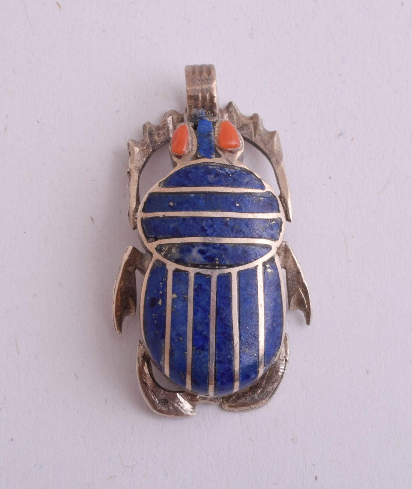 Vintage Egyptian Revival Scarab Pendant - Silver with Red Coral and Lapis Lazuli Inlays