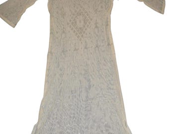 Abito in tulle color crema con scialle egiziano Assiut - Filo metallico argentato su tulle, tulle vintage Bi Telli