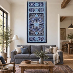 Cairo Tentmaker Applique Wall Hanging, Vertical Blue Star Panel with Hexagon Rosettes, Navy, Sky Blue & White, Khayamiya, Rosette Wall Art
