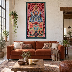 Mihrab Arch Wall Hanging, Tall Tulip Vase Panel in Sand, Burgundy and Teal, Hand-Stitched Khayamiya Applique, Boho Living Room Wall Decor