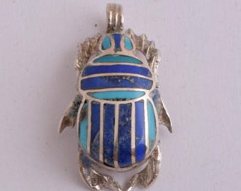 Vintage Egyptian Revival Silver Scarab Pendant with Turquoise and Lapis Lazuli Inlays