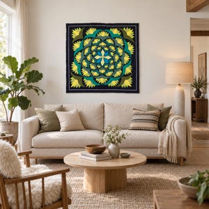 Tapiz de pared con mandala egipcio, anillos de loto verdes y lima con centro de estrella turquesa sobre fondo negro, aplique Khayamiya cosido a mano, decoración de pared para dormitorio.