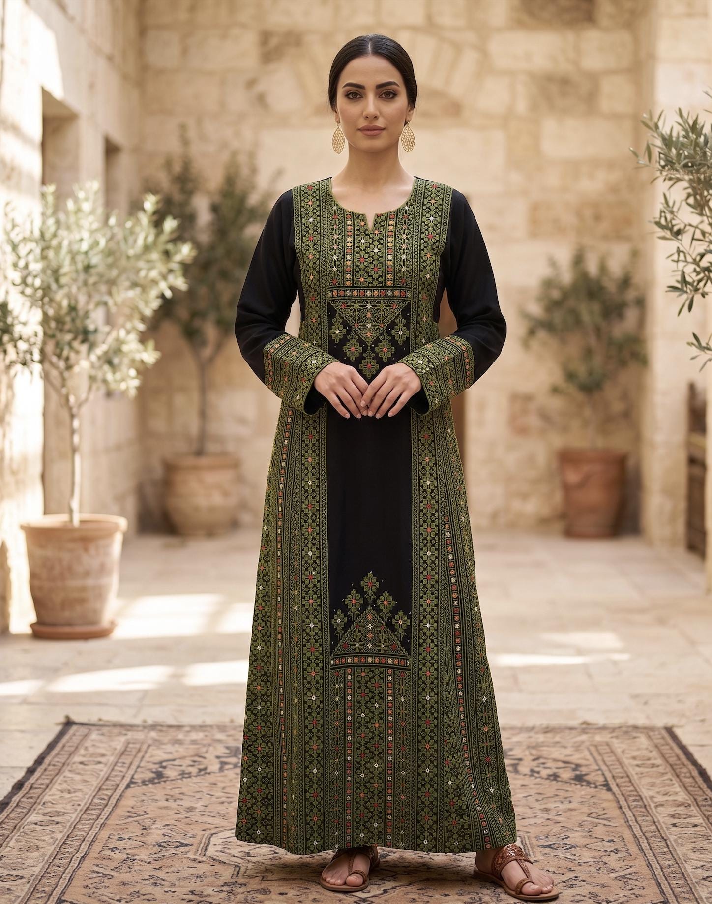 green embroidered trees organic cotton midi dress Buy 3 Pc Set main image 0