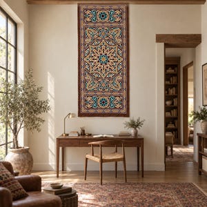 Tapiz de pared de fabricante de tiendas egipcias, panel arabesco en marrón, turquesa y dorado con borde de cadena, aplique Khayamiya cosido a mano, decoración para sala de estar