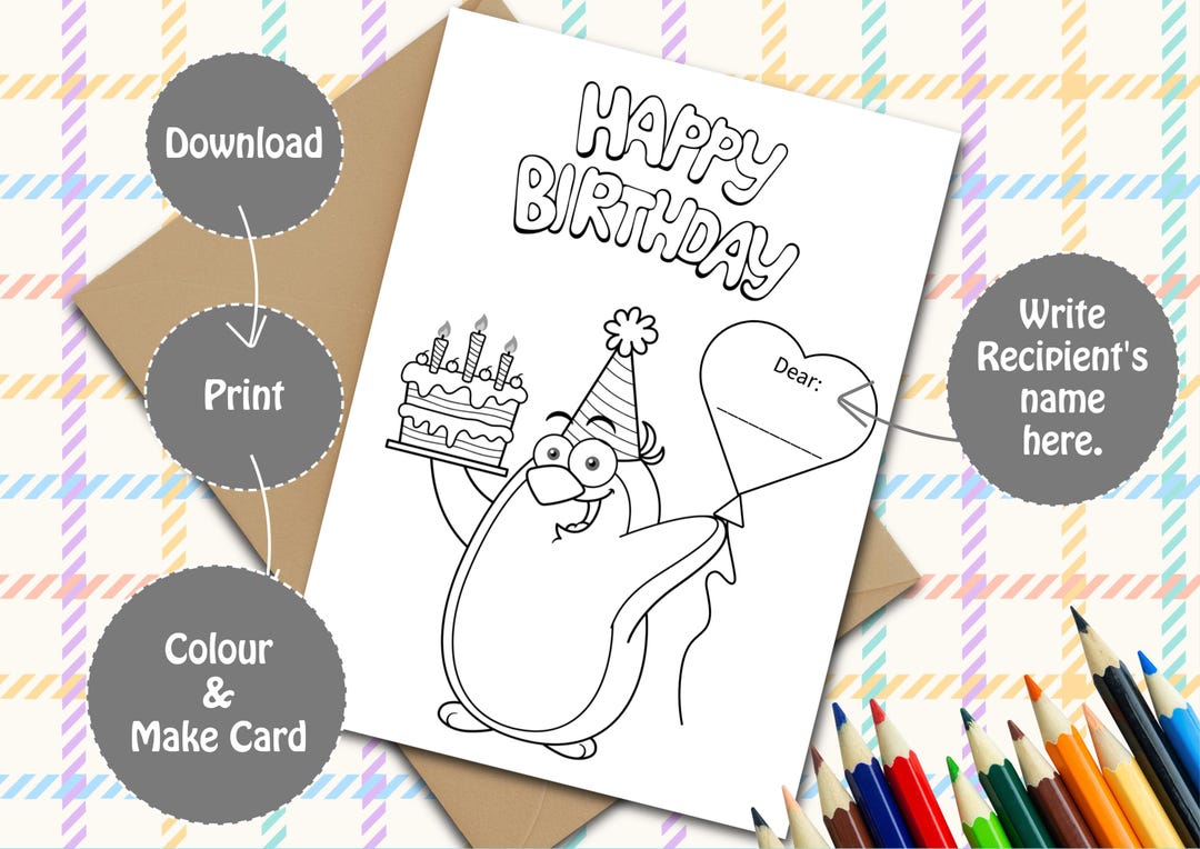 Printable Penguin Birthday Card for Kids, Colour-able Card (digital ...