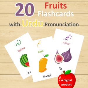 20 Obst Bildkarten für Kinder Obst Bildkarten für Vorschulkinder Lernvokabelkarten Montessori Printables Urdu, Englisch, Römisch Urdu