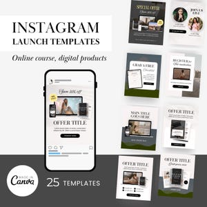 May include: A collection of Instagram launch templates for online courses and digital products. The image features a smartphone mockup with a "Save 50% off" banner, and several promotional graphics with text like "Offer Title" and "Grab a Free Checklist."