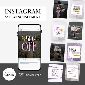 Pode incluir: Gráfico de anúncio de venda no Instagram com o texto "INSTAGRAM SALE ANNOUNCEMENT". A imagem apresenta um smartphone exibindo uma publicação de venda com "SALE 50% OFF". Gráficos adicionais promovem a Black Friday e outras vendas.