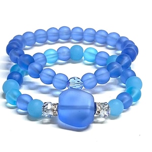 Beachy Bracelet Set - Aqua and Blue Stretch Bracelet - Cultured Sea Glass Jewelry - Gift for Her - Glass and Crystal Bracelet - Choose Size
