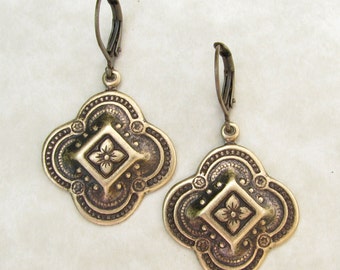 Quatrefoil Earrings - Quatrefoil Jewelry - Brass Dangle Earrings - Brass Lever Back Earrings - Gift for Her - Earrings for Women