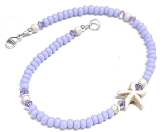 Bracelet de cheville étoile de mer - Bracelet de cheville de 10,5 pouces - Bracelet de cheville violet clair - Bracelet de cheville pour femme - Cadeau pour elle - Cadeau pour les amoureux de la plage - Argent sterling