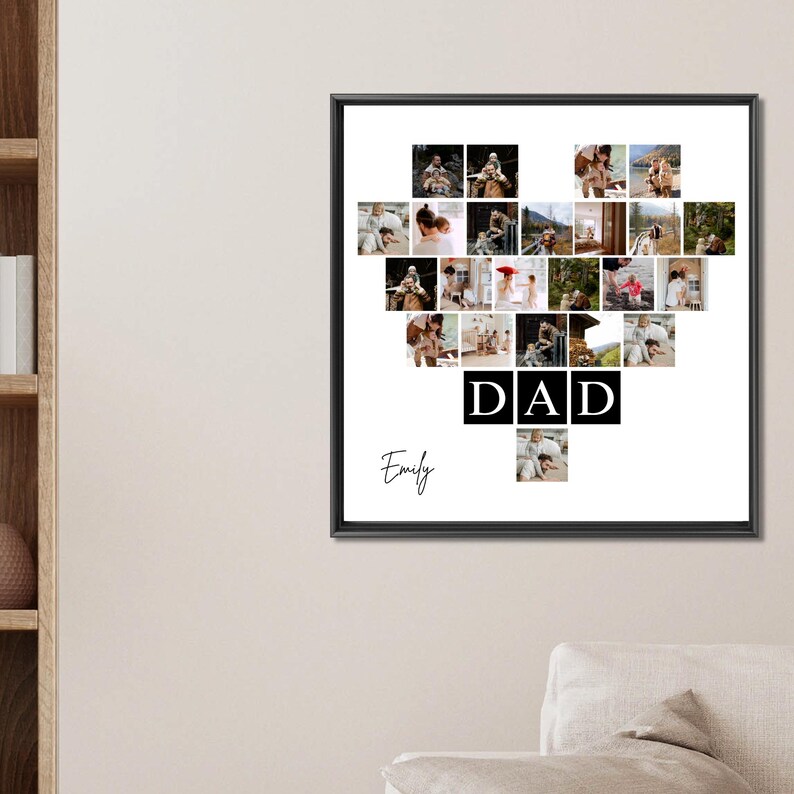 May include: A framed photo collage with a black border. The collage is composed of numerous small photos arranged in a heart shape. The word "DAD" is displayed in bold, white letters on a black background. The name "Emily" is written in cursive below.