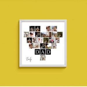 May include: A white framed photo collage with a heart-shaped arrangement of small photos. The word "DAD" is in black block letters, and the name "Emily" is written in cursive below the photos. The background is a solid yellow.