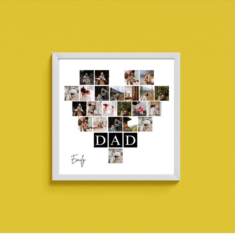 May include: A white framed photo collage with a heart-shaped arrangement of small photos. The word "DAD" is in black block letters, and the name "Emily" is written in cursive below the photos. The background is a solid yellow.