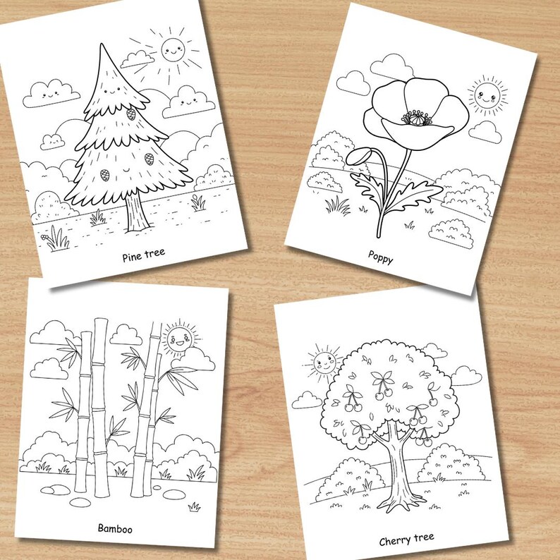 25 Pages Coloring Pages for Kids, Plants & Flowers Printable Coloring Book PDF, Nature Educational Fun Pdf, Home School Kids Learn Activity