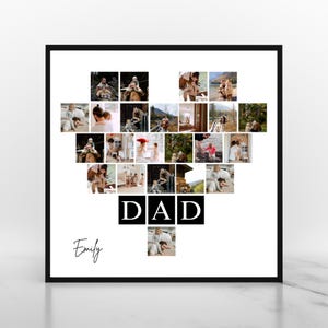 May include: A framed photo collage in a heart shape, composed of multiple smaller photos. The word "DAD" is spelled out in bold, black letters at the bottom. The name "Emily" is written in cursive below the heart.