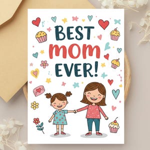 Cartão de Dia das Mães em desenho animado, Melhor Mãe de Todos os Tempos, Cartão para Mãe e Filha para Imprimir, Cartão Digital de Saudação para o Dia das Mães em Desenho Fofo, PDF Instantâneo para Mamãe