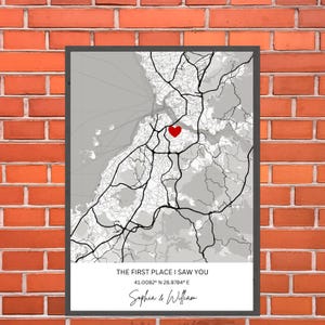 De eerste plaats waar ik je zag, waar we elkaar ontmoetten Kaart, hartkaart, ons verhaal, jubileumcadeau Cadeau eerste date, The Night We Met, herinnering aan onze eerste date