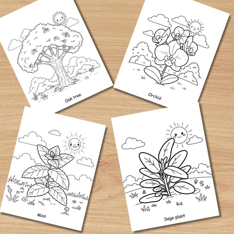 25 Pages Coloring Pages for Kids, Plants & Flowers Printable Coloring Book PDF, Nature Educational Fun Pdf, Home School Kids Learn Activity