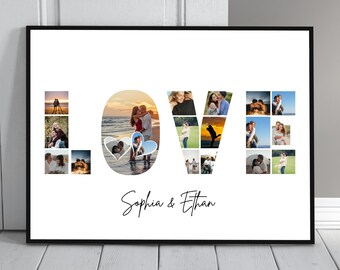 Personalisierte LIEBE Fotocollage für Paare - Bearbeitbare Fotodrucke Wandkunst - Romantisches Geschenk für Jahrestag, Valentinstag, Verlobung