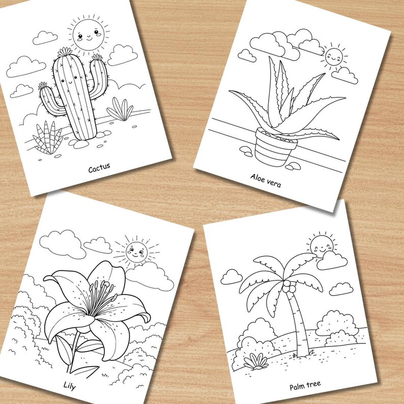 25 Pages Coloring Pages for Kids, Plants & Flowers Printable Coloring Book PDF, Nature Educational Fun Pdf, Home School Kids Learn Activity