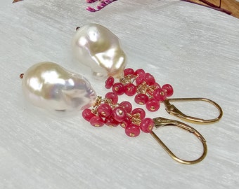 Baroque Pearls and Ruby 14k Gold-filled Cluster Earrings, Free Shipping, Gifts for Her, June Birthday, July Birthday