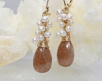 Golden Moonstone and Pearl Earrings 14K Gold-filled, June Birthday,  Free Shipping, Gifts for Her, Mom Gifts, Gemstone Earrings