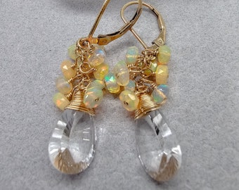 Clear Quartz Crystal and Ethiopian Opal Earrings 14K Gold-filled,  Free Shipping,  Gifts for Her, October Birthday