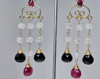 Ruby, Black Tourmaline and Rainbow Moonstone 14K Gold-filled Chandelier Earrings,  Gifts for Her,  Free Shipping,  Valentine's Day Gifts