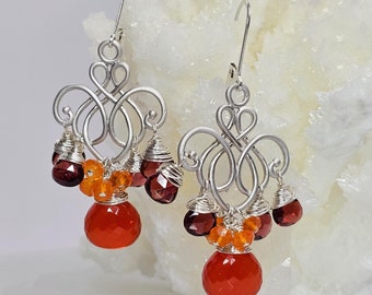 Carnelian, Garnet Chandelier Sterling Silver Earrings,  Free Shipping,  Gifts for Her,  Fall Colors, Birthday Gift, Mom Gift, Fall Jewelry