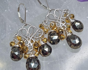 Pyrite Chandelier Sterling Silver Earrings, Gemstone Earrings, Gifts for Her, Mom Gift, Sparkly Earrings, Wife Gifts, Girlfriend Gifts