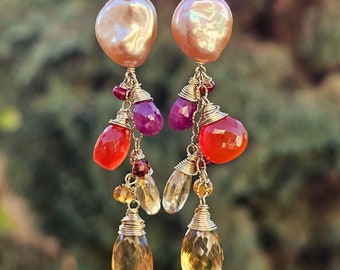 Multigemstone Earrings, Peach Pearls, Carnelian, Ruby, Citrine, Honey Quartz, Garnet, 14K Gold-filled, Gifts for Her, Birthday Gift