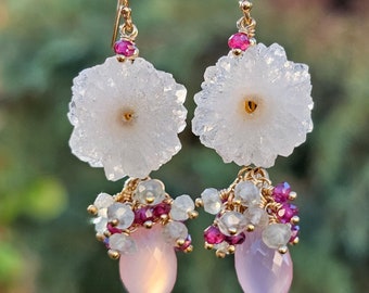 Stalactite, Pink Chalcedony, Prehnite, Rhodolite Garnet 14K Gold-filled Earrings, Gifts for Her, Multi-gemstone Jewelry,  Birthday Gift