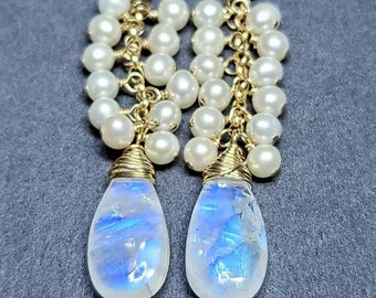 Rainbow Moonstone and Pearl Earrings 14K Gold-filled,  Bridal Jewelry, June Birthday, Gifts for Her, June Birthstone, Wife Gifts