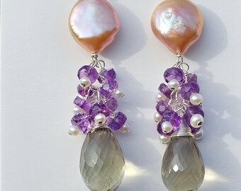 Peach Coin Pearl, Purple Amethyst and Green Amethyst Earrings, Sterling Silver, Gifts for Her, Free Shipping, February Birthday