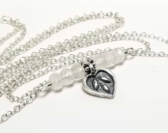 Oxidized Sterling Silver Moonstone Necklace, Heart Leaf Pendant