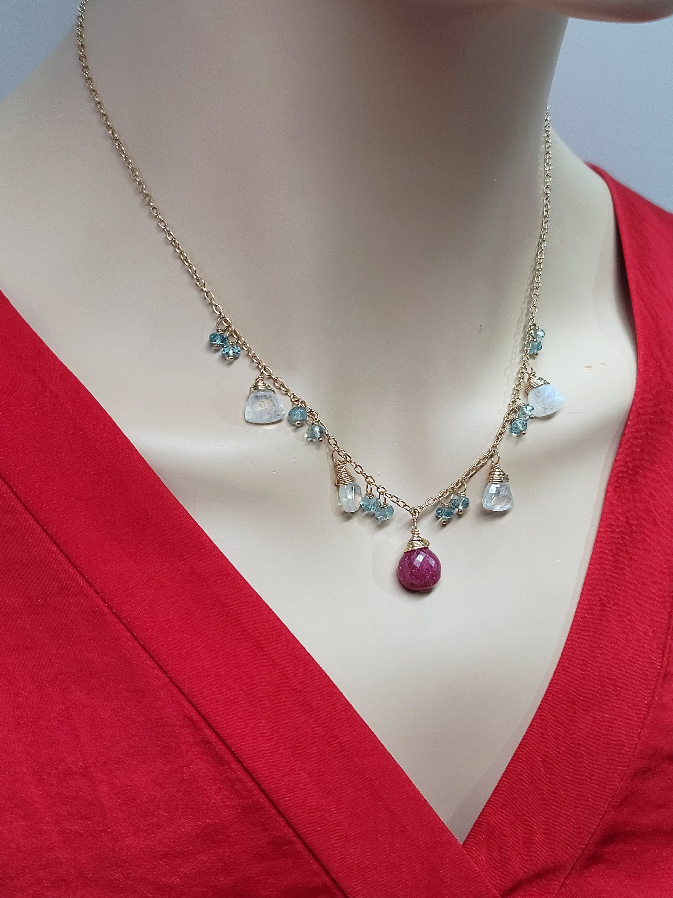 Ruby, Rainbow Moonstone & Aquamarine 14K Gold-filled Necklace