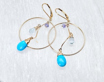 Tibetan Turquoise, Blue Topaz and Tanzanite Earrings 14K Gold-filled,  Free Shipping,  Gifts for Her,  December Birthday and Birthstones